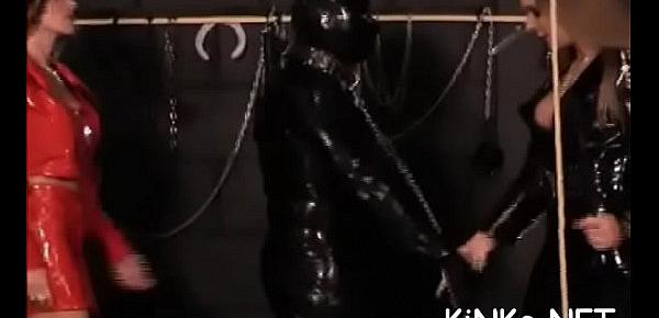  Mean dominatrix wraps up her serf and tortures his dick